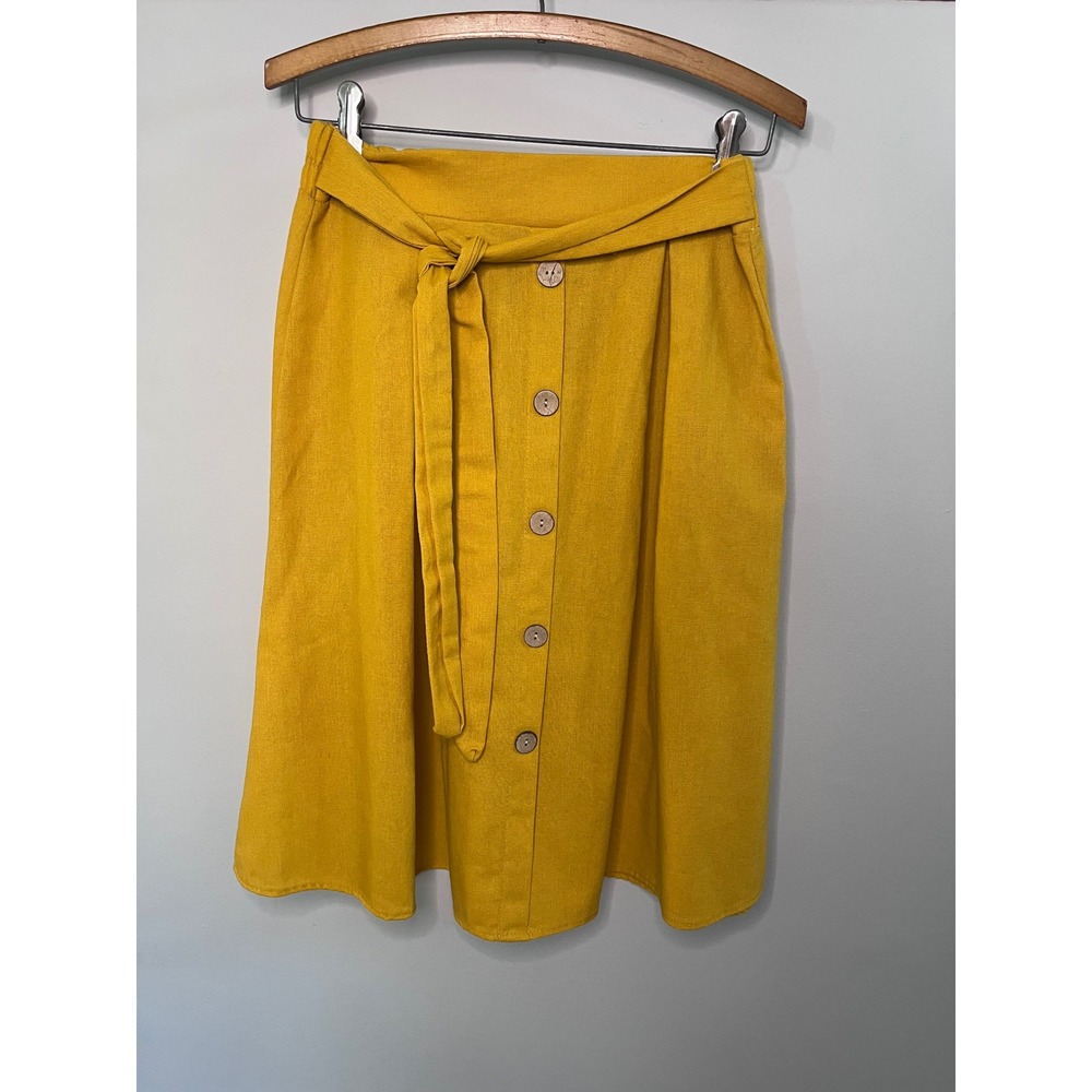 See You Monday Mustard Yellow Linen Blend Button Front‎ Midi Skirt Large Boho
